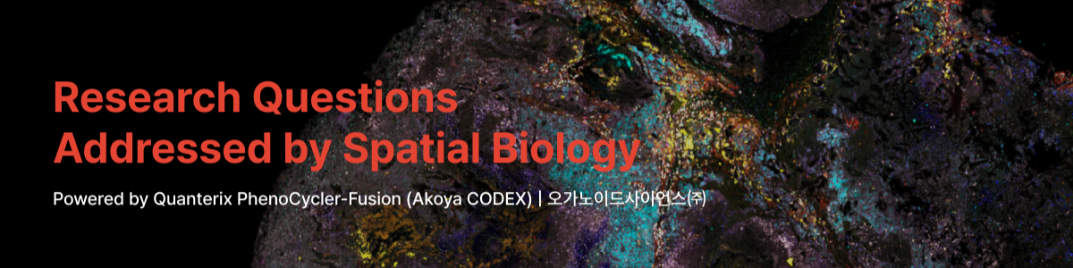 Hero banner with bold red title 'Research Questions Addressed by Spatial Biology' over a dark, colorful abstract texture.